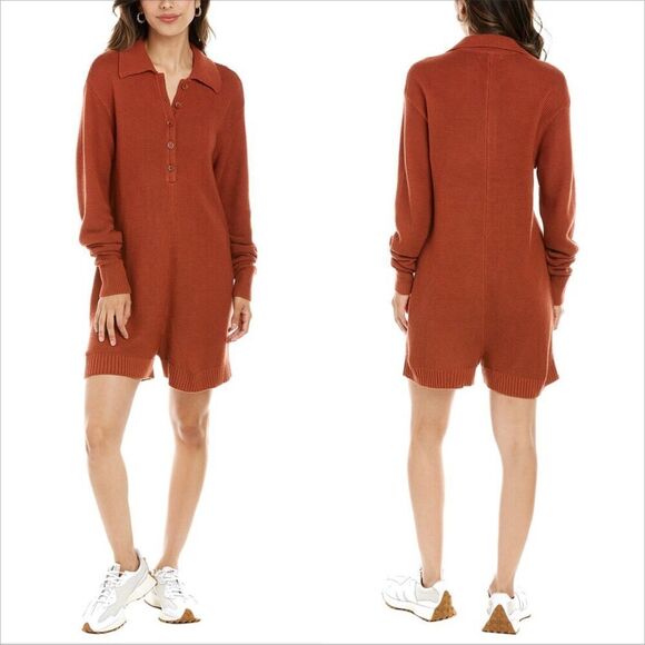 Weworewhat Knit Boxy Romper Size Large Long Sleeve Half Button Clay Collared - Picture 1 of 7
